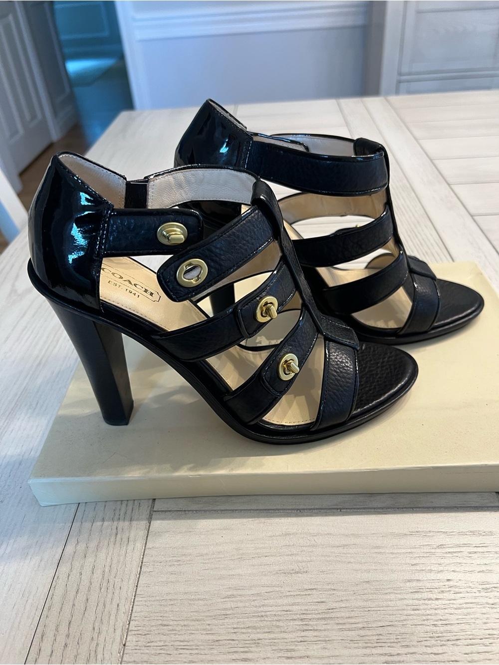Coach Black Strappy Gold-Accent High Heel Sandals